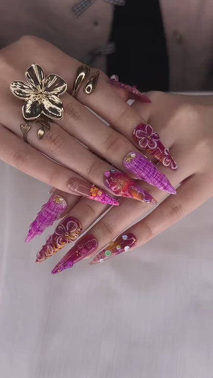 Midnight Sun Aesthetic Press On Nails, 3D Purple Seashell and Hibiscus Floral Nails, Maximalist Tropical Y2K Luxury Fake Nails, OB1287HK