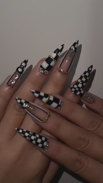 Black & White Gothic Press On Nails | Luxury Girl Stiletto Nail Art | Gold Accent Checker Nails | High Fashion Press Ons | OB1264EC