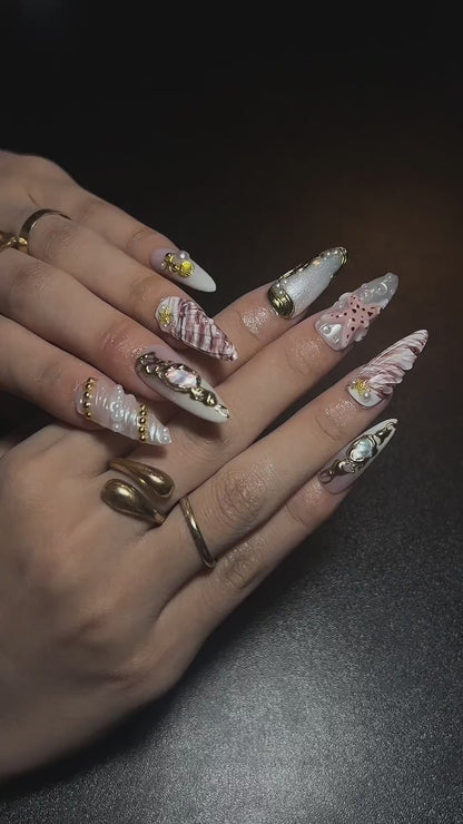 Luxury Pearl Shell Press On Nails | Bridal Beach Nails | Gold Seashell Nail Set | White Nude Mermaid Press On Nails | OB444U