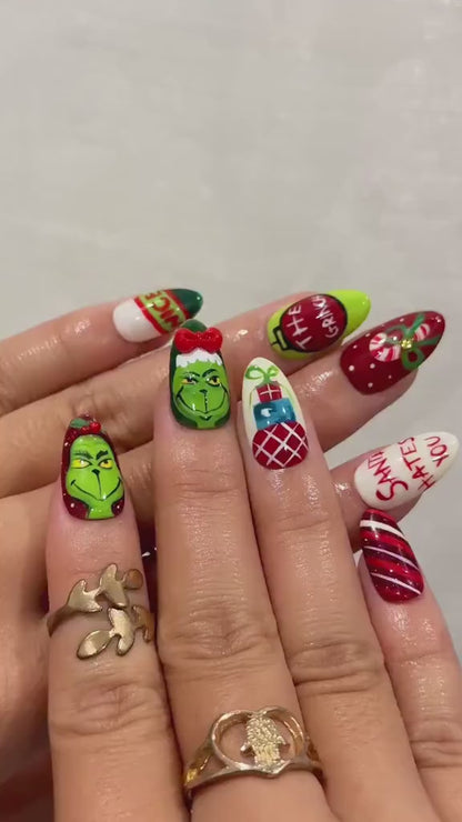 Grinch Mischief Press On Nails For Christmas | Cute Cartoon Winter Nail Art | Funny Holiday Nails | Red Green Christmas Set |JB227EG