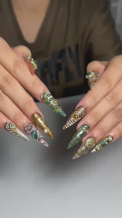 Emerald Jewelry Press On Nails | Gold Chrome Gemstone Nail Set | Ornate Baroque Fantasy Nails | Luxury Handmade Nails | OB457JG