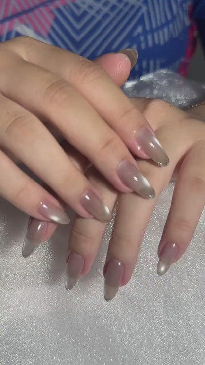 Velvet Cat Eye Press On Nails with Silver Pearl Ombre | Magnetic Fake Nails in Almond Shape | Handmade Nail Art for Wedding| OB1391UC