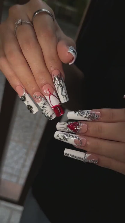 Gothic Press On Nails with Silver Chrome Cross , Red Heart 3D Nail Art , Handmade Long Square Nails for Y2K Grunge Style | OB504WI