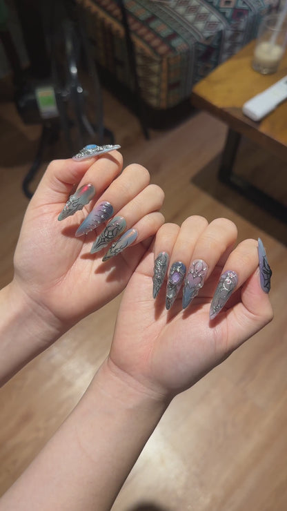 Spider Web Press On Nails, Dark Fantasy Chrome, 3D Metallic Gothic Statement, Almond Shape OB468WG