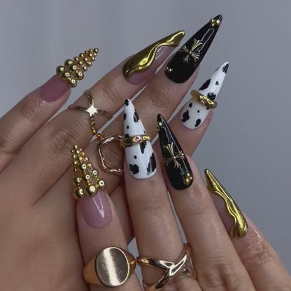 Gothic Cow Glam Press On Nails | Black & White Cow Print Stiletto Nails | Gold 3D Metal Accents | Spider Charm Nail Art | HB1058YK