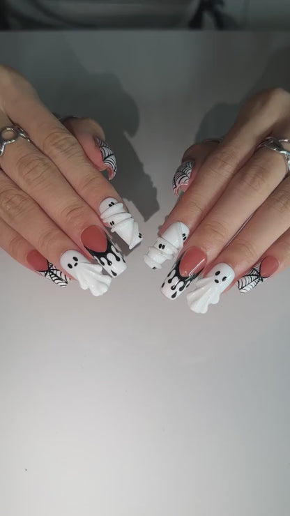 Handmade Halloween Nail Set , Halloween Press On Nails, 3D Ghost Nails, Mummy Spider Web Nails, Black White Spooky Nails, | OB666WC