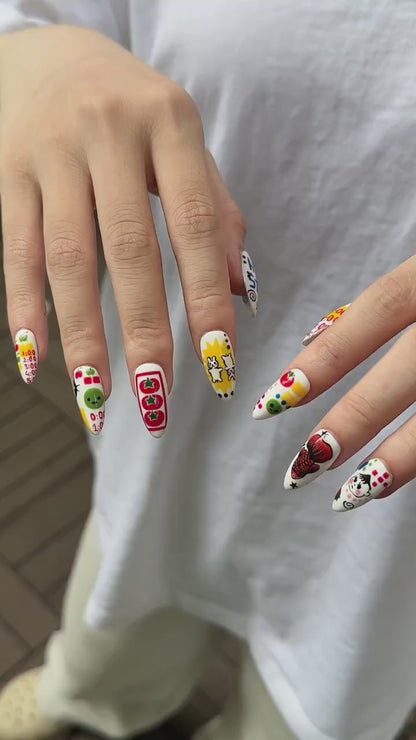 Kawaii Press On Nails with Cartoon Fruit & Bunny | Retro Pop Art Fake Nails in Almond Shape | Handmade Nail Art for Everyday| OB470UG