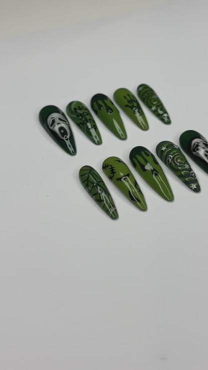 Halloween Press On Nails with Ghost Mask Art , Green Horror Nails , Long Stiletto Spooky Nail Set | OB529WC