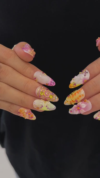 Abstract Press On Nails with 3D Gold Swirls | Aura Fake Nails with Crystal Charms | Handmade Maximalist Nail Art for Party | OB509UC