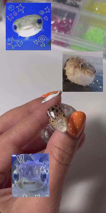 Pufferfish Press On Nails | Cute Ocean Nail Set | Gold Cat Eye Sea Life Nails | Japanese Kawaii Handmade Gel Press On Nails | OC449UC