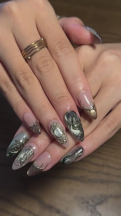 Fall Press On Nails, Brown Gold Nails, 3D Chrome Nails, Luxury Autumn Nail Set ,OB674WC