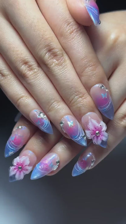 Aurora Galaxy Floral Press On Nails | Iridescent Chrome Stiletto Nails | 3D Sakura Flower Nails | Fantasy Butterfly Nail Art | DB1044HC
