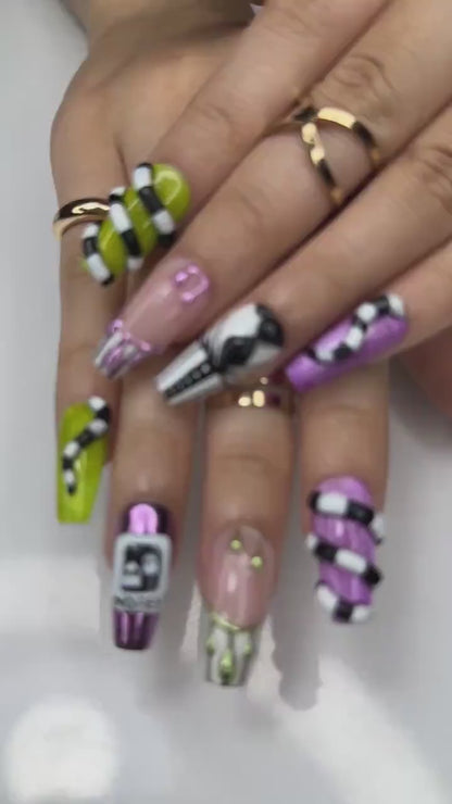 Spooky Stripes Press On Nails | Beetle-Inspired Gothic Nail Art | Handmade Creepy Cute Nails | Halloween Party Nail Art |