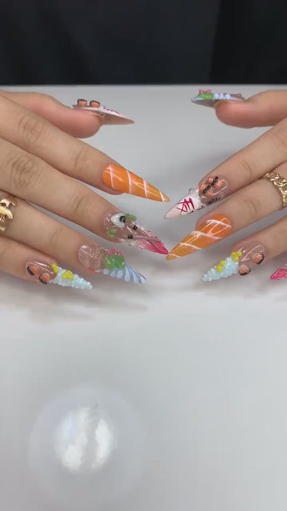 Cute Sushi Press On Nails | 3D Japanese Food Nail Art | Kawaii Salmon & Sushi Roll Nails | Handmade Foodie Press Ons | Fun Design | JB990HC