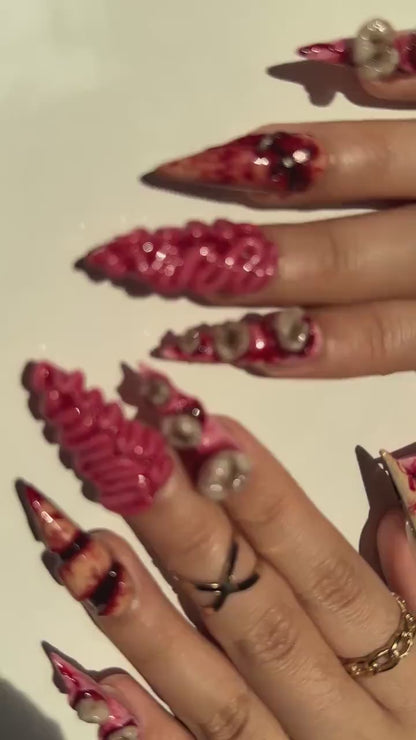 Gorecore Horror Halloween Press On Nails | 3D Brain & Bloody Wound Nail Art | Long Creepy Press Ons | Handpainted Halloween Nails | JB112HC