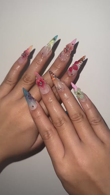 Spring Blossom Fantasy Press On Nails | Colorful Floral Spring Nails | Pastel Garden Stiletto Nails | Fresh Spring Bloom Art Nails | OB1011EC