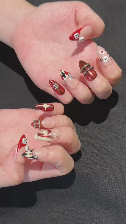Casino Press On Nails with Dice & Poker Cards | Chrome Red Fake Nails in Almond Shape | Handmade Nail Art for Party, Concert | OB471UC