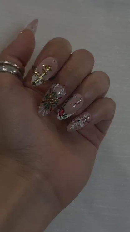 Holly Berry Christmas Press On Nails | Nude Winter Holiday Nails | Elegant Green & Red Press Ons | Festive Minimalist Nail Art | JC243HC