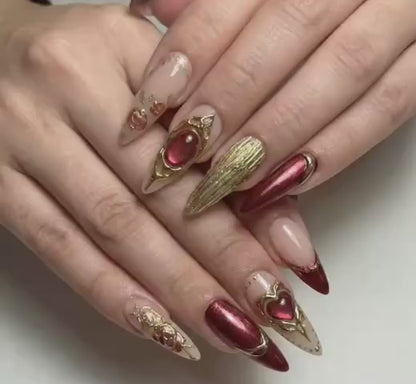 Press On Nails Adhesive Tabs – Nude Burgundy Gold Heart & Rose Chrome Long Stiletto Handmade Fake Nails for Luxury Romantic Look