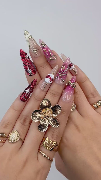 Elegant Christmas Press On Nails | Holiday Chrome Nail Art | Winter Festival Nails | Red Gold Bow Design | Handmade Gift for Her | JB1190BK