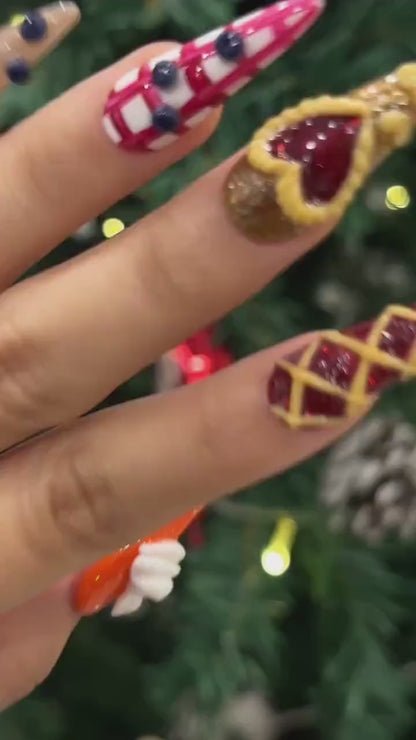 Sweet Berry Pastry Press On Nails | 3D Heart Tart Cute Nails | Red Pastry Press Ons | Holiday Bakery Nails | JC257EC