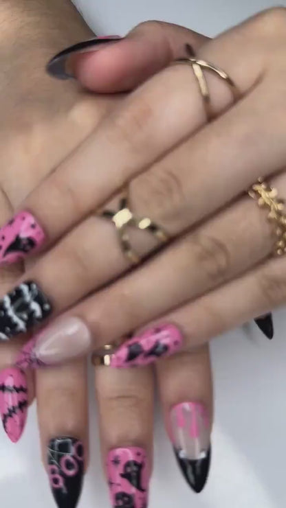 Pink Spooky Ghost Press On Nails | Cute Halloween Nail Art | Black & Pink Spiderweb Nail |Girly Gothic Press Ons |Creepy Cute Nail | JC144HC