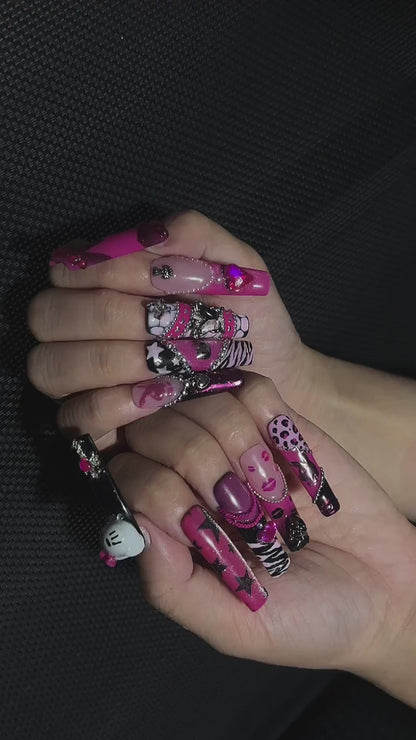 Pink Punk Press On Nails, Y2K Grunge Nails, Goth Glam Handmade Gel Nails, Chrome Heart Statement Manicure | OB459UG