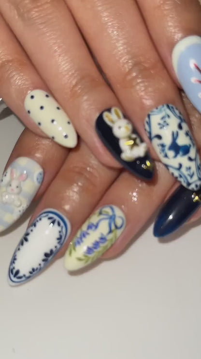 Easter Bunny Blue Press On Nails | 3D Rabbit Nail Art | Delft Blue Floral Nails | Cute Spring Easter Nail Set| Handmade Press Ons | OB1300HC
