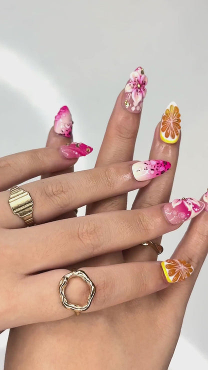 Summer Citrus & Dragon Fruit Nails | Pink Lily n Orange Slice Press Ons | Luxury Tropical Lemon Fruit Stiletto Art | OB376IC