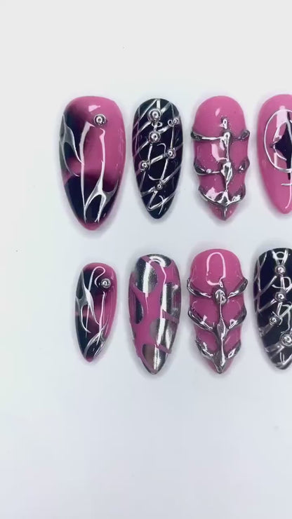 Y2K Cyber Press On Nails | Chrome Silver Pink Nails | Handcrafted Armor Nails | High-Fashion Nail Art | Futuristic Nail Set