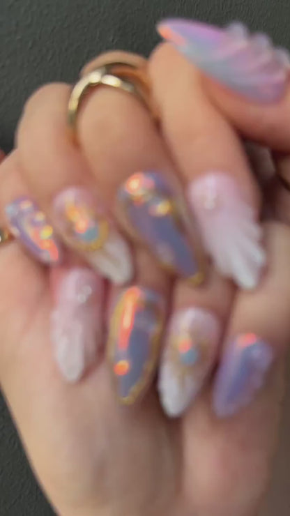 Iridescent Sunshine Press On Nails | Golden Sun Nail Art | Sunshine & Waves with Gold Accents | Handmade Unique Nail Set | HB1098HC