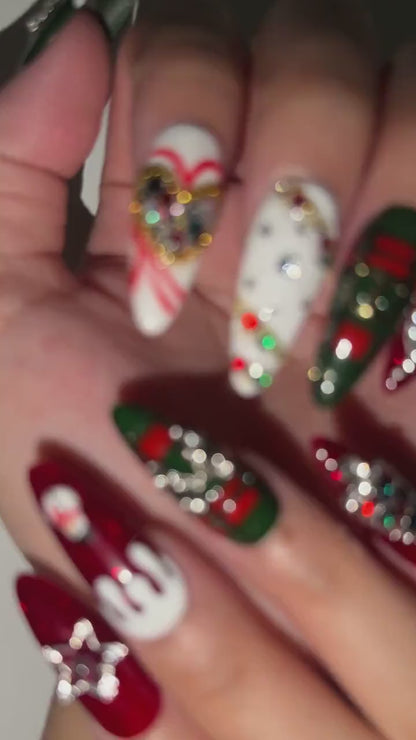 Christmas Winter Press On Nails, 3D Holiday Nail Art, Burgundy Plaid, Snowman, Gingerbread, Long Almond | OB716XT