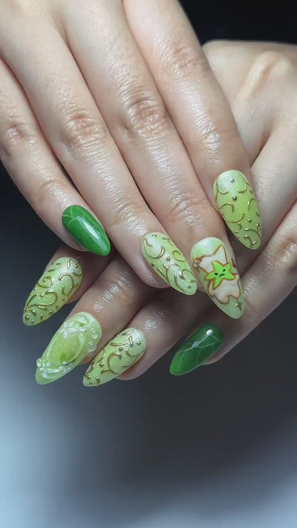 Korok Forest Press On Nails | Legend of Zelda Inspired Nails | Cute Green Fantasy Nail Art | Korok Leaf Nails | Game Press Ons | JB325HC