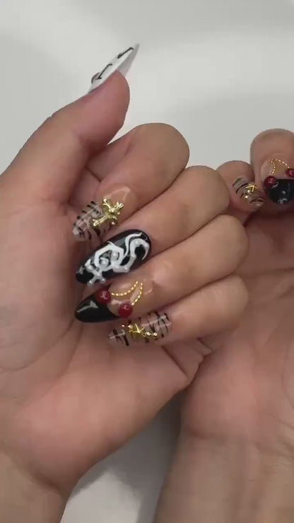 Y2K Graphic Press On Nails | Cherry Cross Letter Nail Set | Edgy Black White Statement Nails | Street Style Handmade Set | OC447J