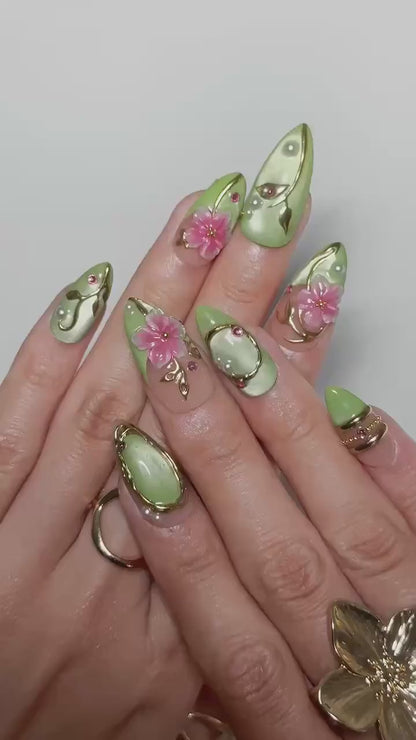 Green Floral Fairycore Press On Nails | 3D Pink Flowers & Gold Vine Swirls | Pearl Rhinestone Garden Nail Art | Long Almond Nails | OB718UI