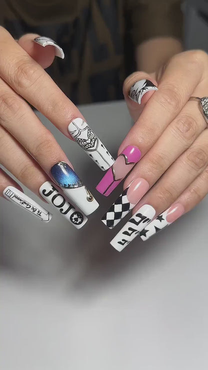 Anime Manga Inspired Press On Nails, Black White Graphic Nails, Hand Painted Comic Style Nails, Statement Nail Set | OB458UG