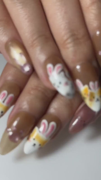 Bunny Cat Gold Press On Nails | Cute Rabbit Kitty Nail Art | Kawaii Animal Nails | Gold Almond Nails | Handmade Press Ons | HC1301HC
