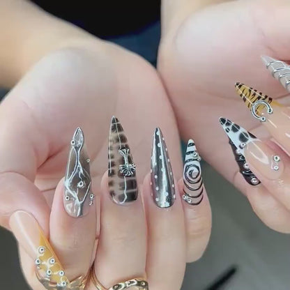 Gothic Silver Black Press On Nails | Spiral Gothic Nail Art | 3D Cross & Spiral Fake Nails | Punk Style Press Ons | Dark Nails | HC533YC
