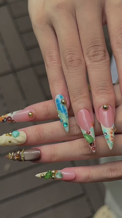 Luxury Press On Nails with Sage Green Gemstones | Elegant Nude Fake Nails in Stiletto Shape | Handmade Nail Art for Fall, Everyday| OB1392UG