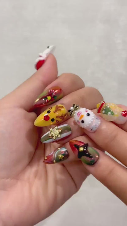 Santa & Snowman Christmas Press On Nails | Christmas Magic Nail Art | Christmas Character Nails |Festive Red-Green Glitter Press Ons|JB238EC