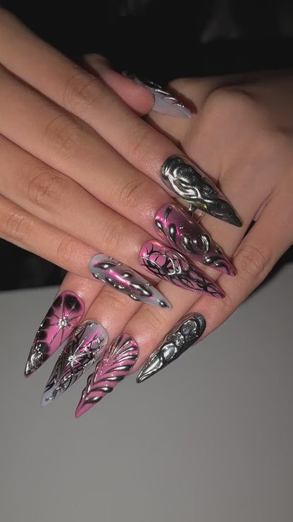 Gothic Press On Nails with Pink Chrome , 3D Spider Web Nails , Dark Glam Stiletto Nails for Hallowee | OB548WI
