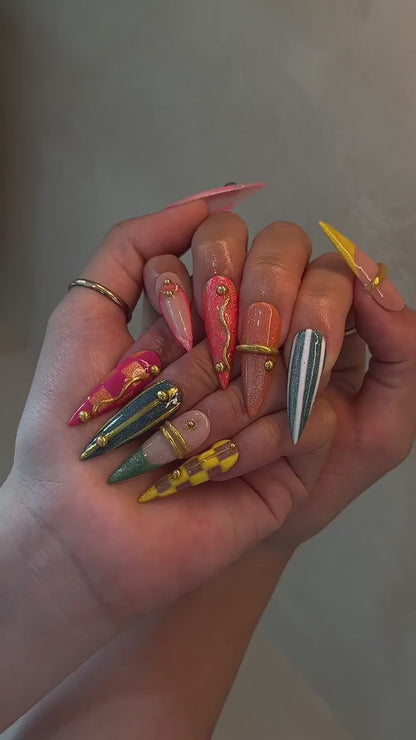 Colorful Stiletto Press On Nails with Gold Charms | Glitter French Tip Nails | Bright Statement Nail Art for Birthday, Vacation | OB498UC