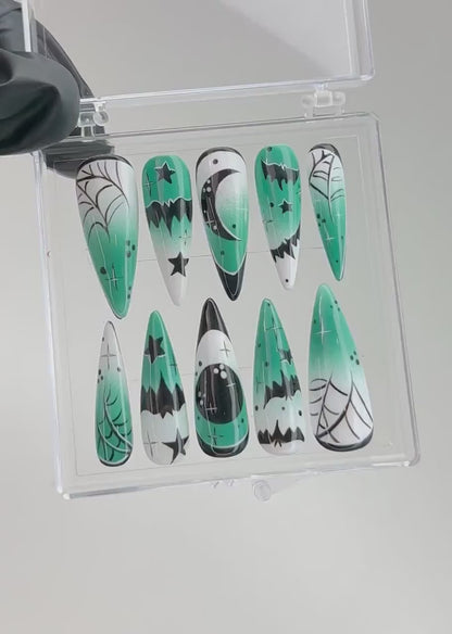 Gothic Halloween Press On Nails | Green Ombre Gothic Nails | Spooky Green Ombre Nail Art | Y2k Nails | Gothic Nails | Press Ons | HB577TK