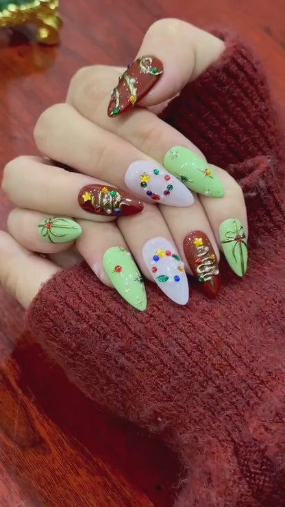 Candy Light Christmas Press On Nails | Red Green Holiday Nail Art | 3D Star & Ornament Nail Art | Festive Winter Nail Set | HB1211EK