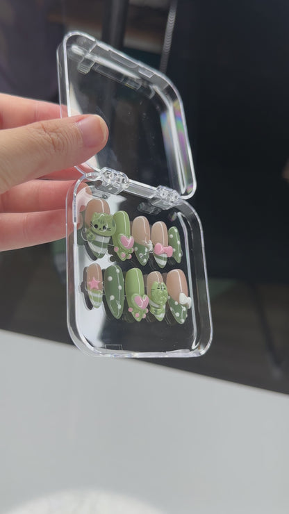 3D Cat Kawaii Press On Nails | Cute Green Bow Heart Nail Set | Character Almond Nails | OB1002JC