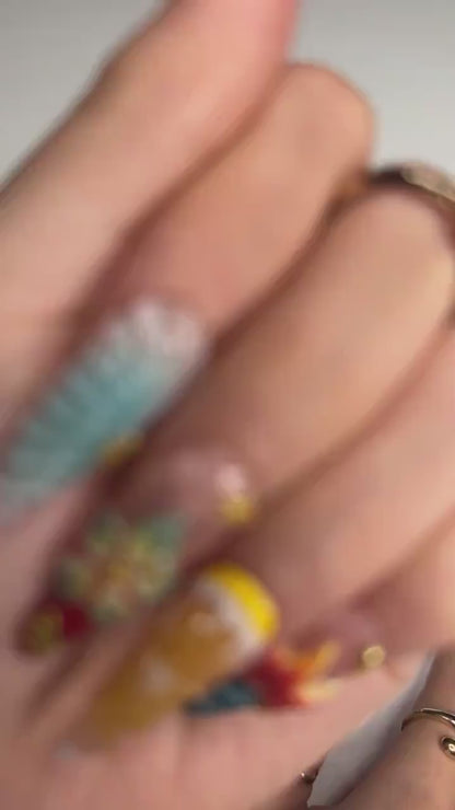 3D Fruit & Tropical Flower Nails | Yellow Lemon Orange Citrus Press On | Pastel Blue Shell Starfish Art | Summer Beach Vacation | OB1349D