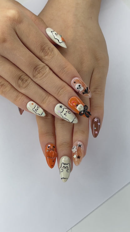 Halloween Press On Nails with Cute Ghost Cat , 3D Pumpkin Nail Art , Handmade Fall Nails for Halloween Party , Press On Nails set | OB472W