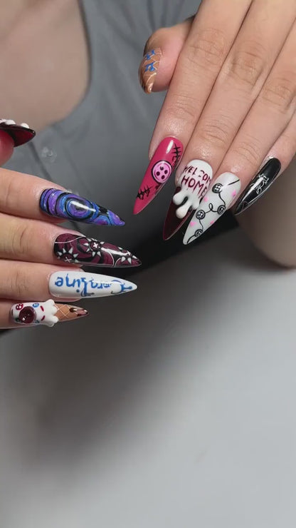 Creepy Cute Press On Nails with Button Eye Art | Dark Fantasy 3D Design | Spooky Halloween Statement Nails | OB536UC