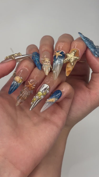 3D Starfish & Jellyfish Ocean Nails | Gold Silver Metallic Chrome | Blue Beach Wave Press On | Coquette Pearl Summer Art | OB1348D