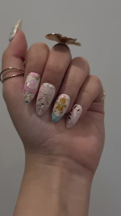 Pink Pastel Christmas Press On Nails | Pastel | Gingerbread & Candy Cane Nails | Pink Christmas Press Ons | Cute Festive Design | JB218HC